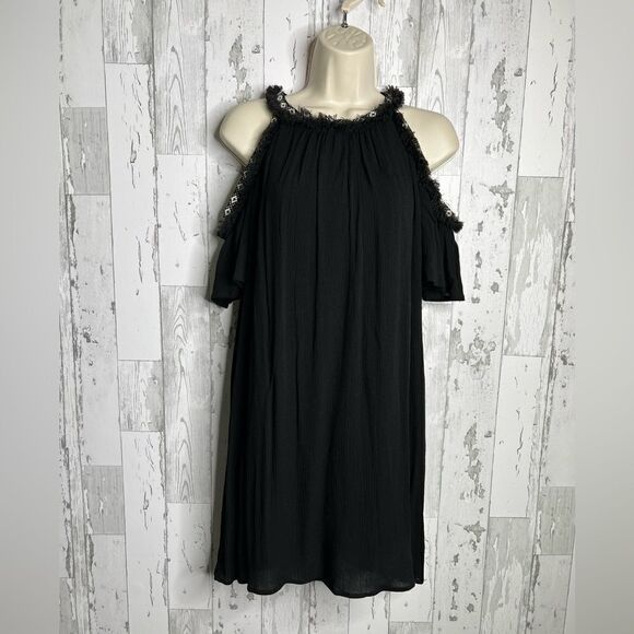 As U Wish Cold Shoulder Dress XS Black Lined Lightweight Gauze A Line NWT - Picture 1 of 13